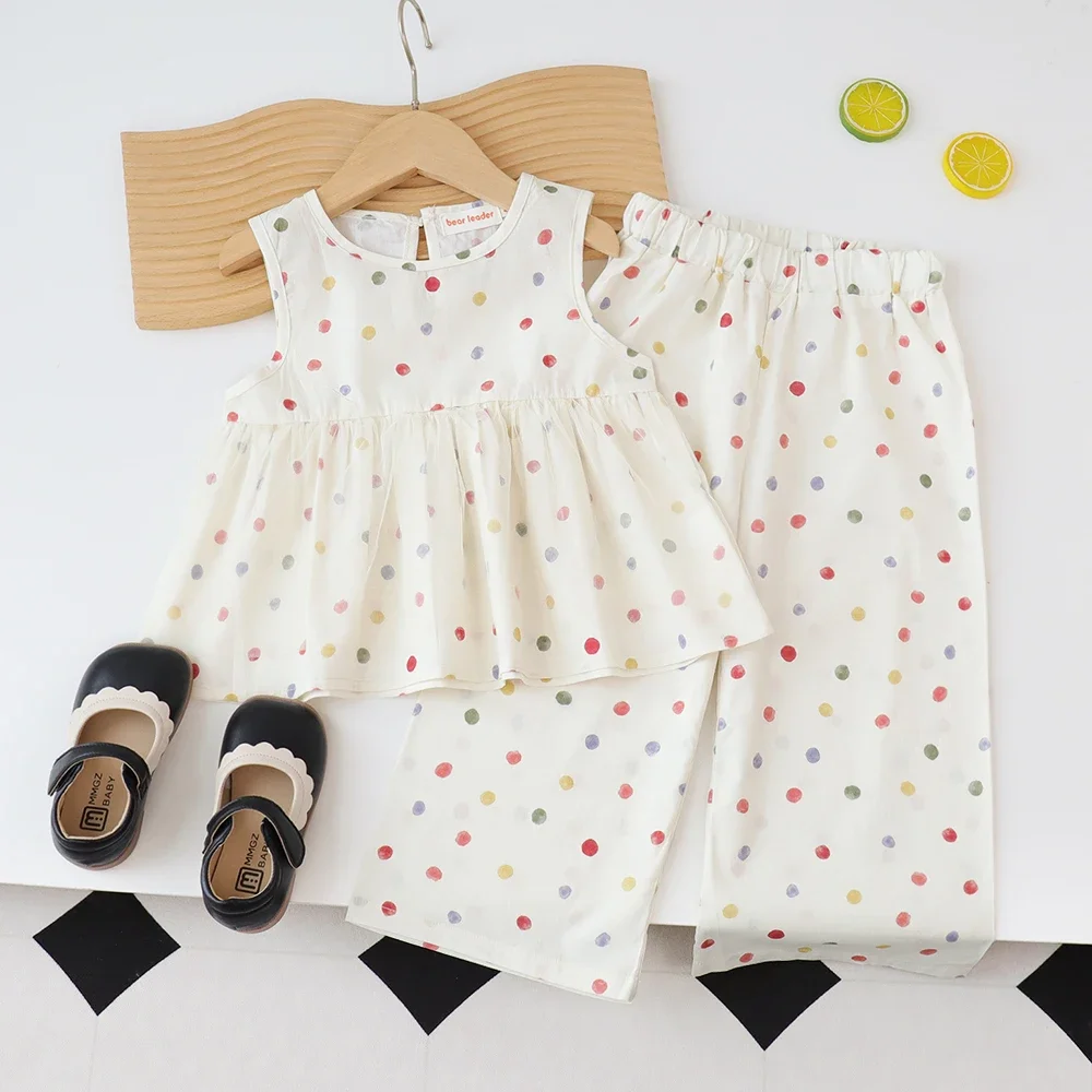 Summer Mesh Kids Sets Sleeveless Polka Dot Top + Wide Leg Pants 2 Pieces Suits Girls Clothing Casual Outfits 3-7 Y