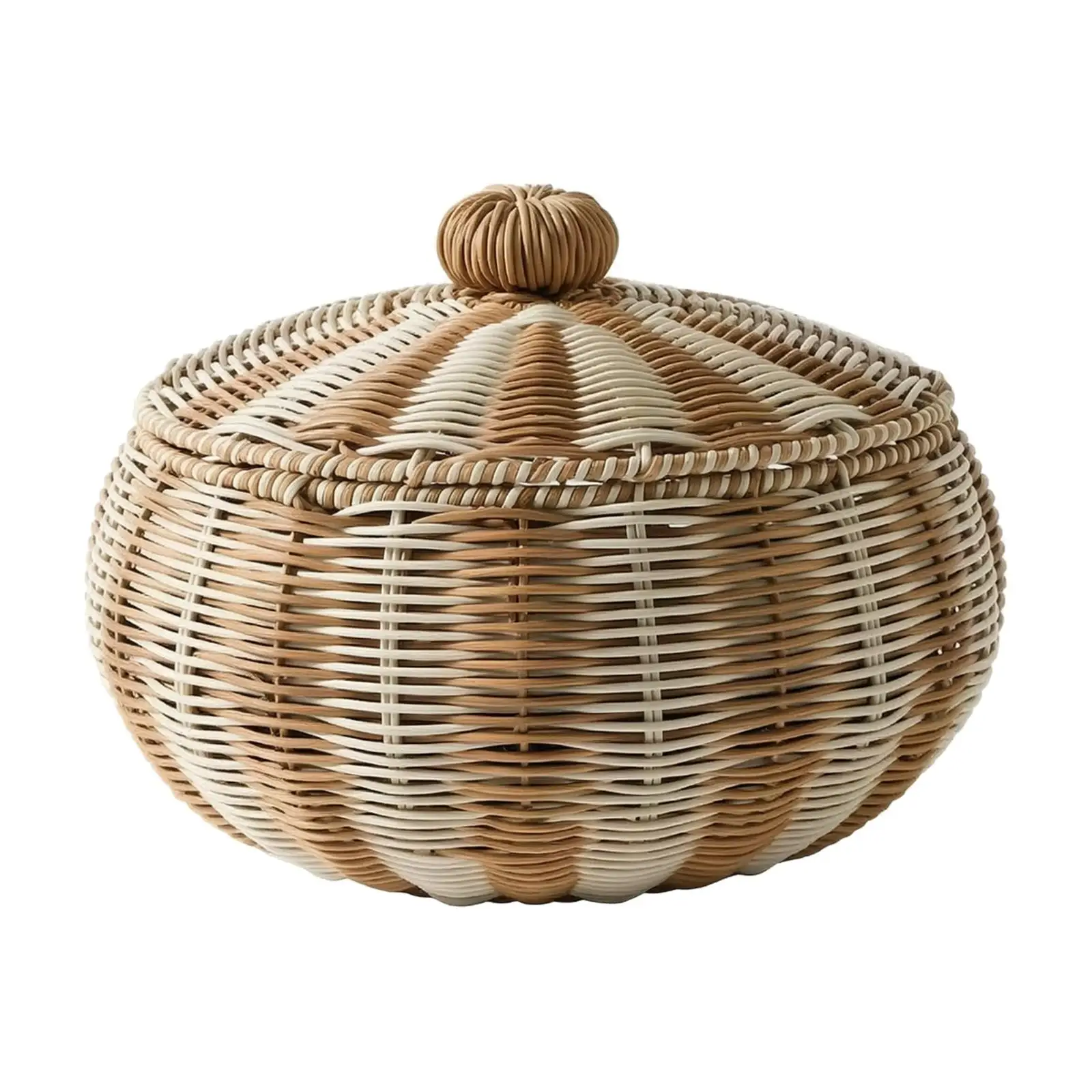 Faux Rattan Woven Storage Basket with Lid Pumpkin Shape Decorative Box for Bedroom Nightstand Organizer