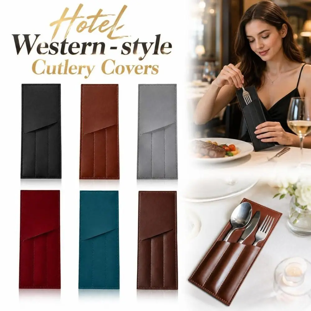 3 Pocket Western Restaurant Fork Cutlery Bag Oil-resistant PU Leather Cutlery Storage Pouch Multi-functional Solid Color