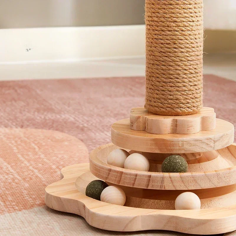 Solid Wood Pet Cat Turntable Scratch Pillar Board Sisal Climbing Frame Toy Balls Column Training Supplies Products Accessories