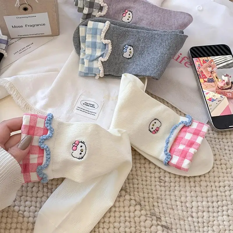 

2 Pair Of New Sanrio Hello Kitty Mid-Calf Socks Kawaii Cartoon Socks Sweet Cute Colorful Cotton Socks 18-40 Years Old