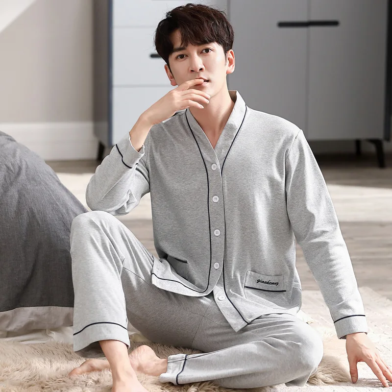 Men Pajamas Suit Long sleeved Pure Cotton Simple Casual Cardigan V-neck Homewear Set All Plus Size Breathable Autumn Sleepwear