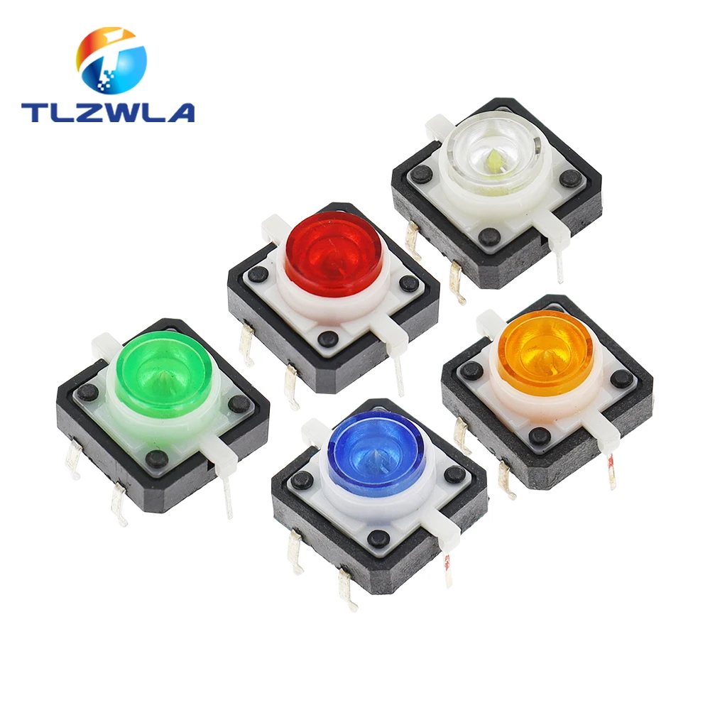 Interruptor de botón táctil LED, 5 piezas, 12x12x7,3, tacto momentáneo, 5 colores, 12x12x7,3mm, 12x12x7,3mm