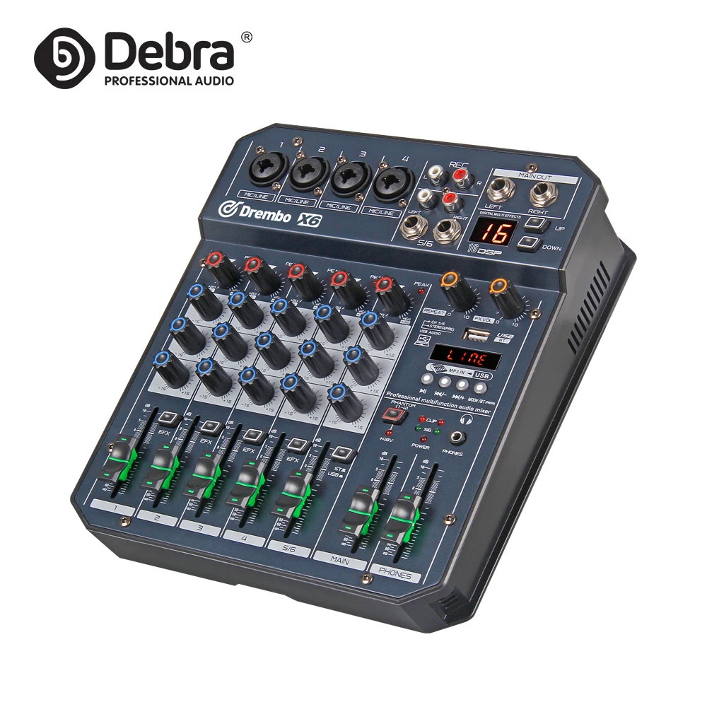 Debra Audio X6 Mini Digital 6-Channel DJ Audio Mixer Fader BT4.2 16DSP Reverb Effect 48V PC Recording Band Receivers Amplifiers