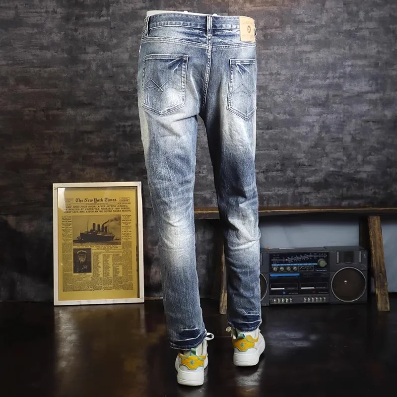 Fashion Designer Men Jeans Retro Blue Elastic Slim Fit Spliced Vintage Jeans Men Korean Style Casual Denim Pencil Pants Hombre