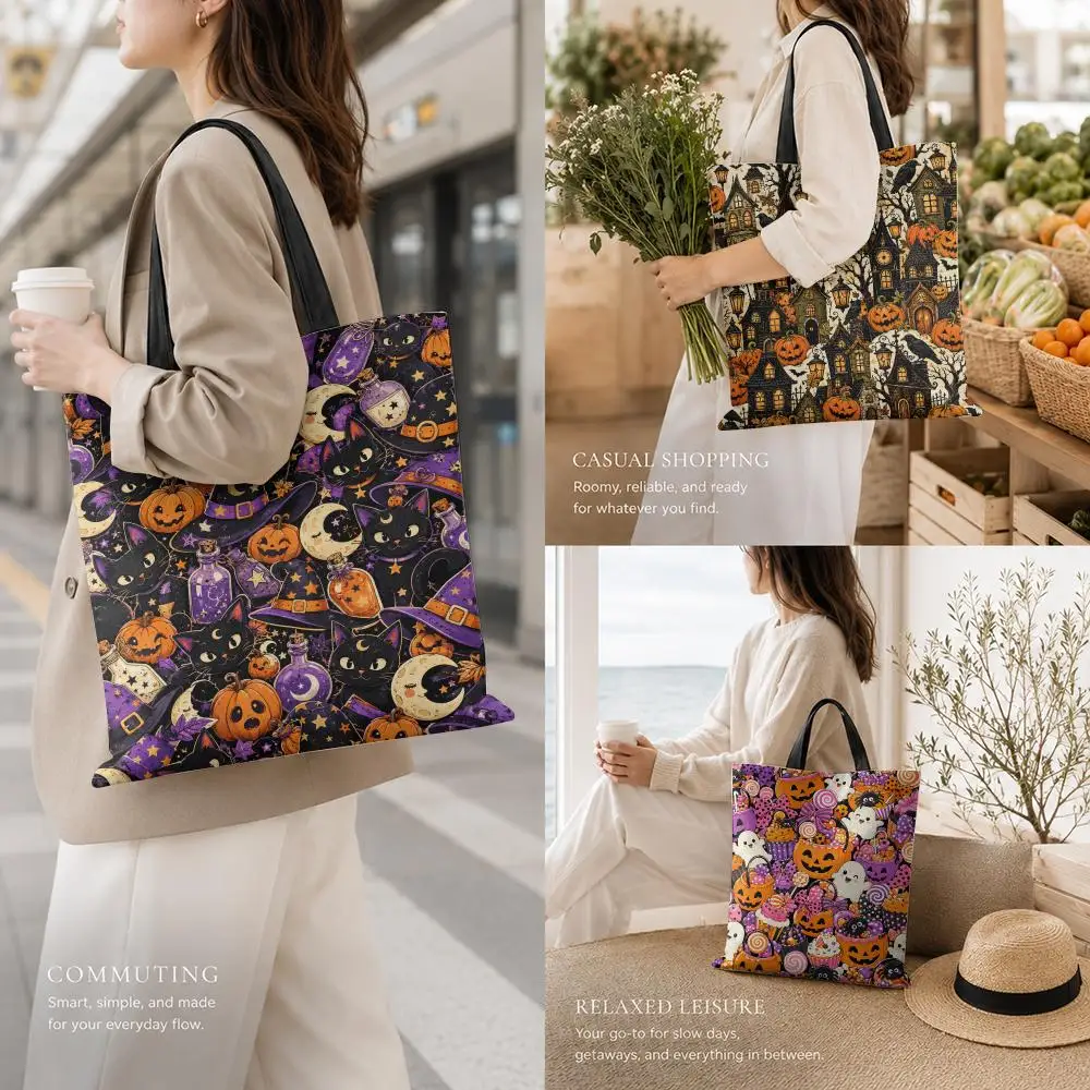 Halloween Seamless Pattern Storage Bags Canvas Tote Bag Large Capacity Reusable For Shopping Commute Grocery Shoulder Bag Gift