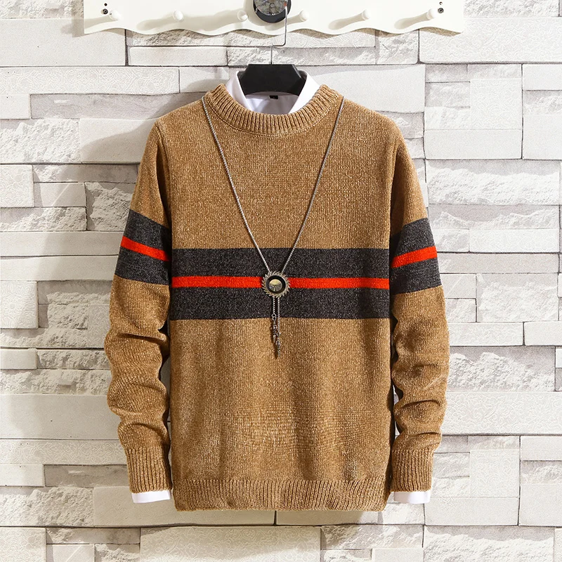 

Men's Pullover New Autumn and Winter Warm Stripe Contrast Color Round Neck Sweater Casual Slim Comfortable Men's Knitwear