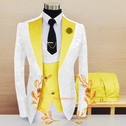 Jacquard Men's Suit 3 Piece Set Wedding Groom Tuxedo Formal White Blazer Formal Slim Fit Outfit Elegant Men's Suit