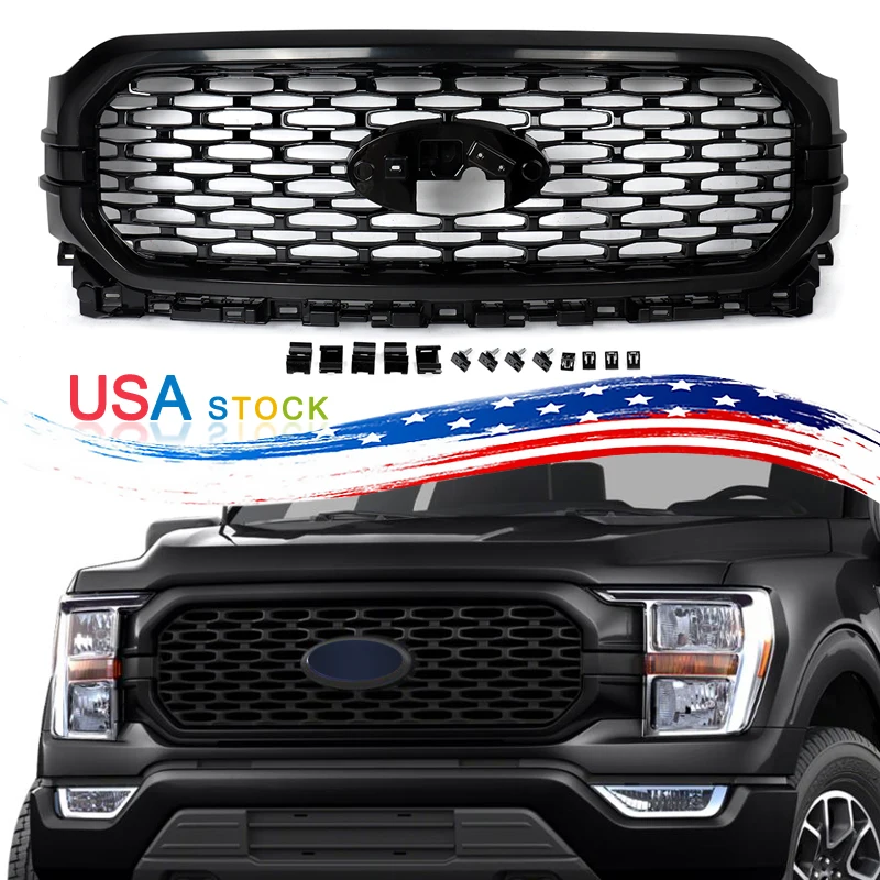 

Honeycomb Front Bumper Upper Grille Black For 2021-2023 Ford F150 F-150 Mesh W/ Paintable Primered Surround Grille Black