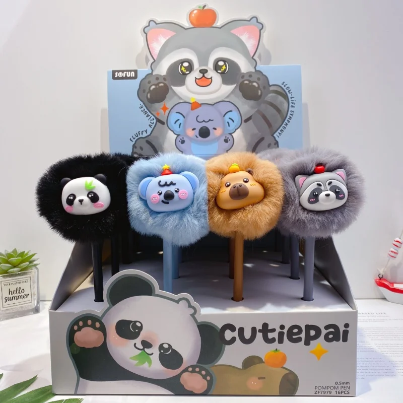 

16pcs/lot Creative Panda Capybara Animal Plush Gel Pen Cute 0.5mm Black Ink Signature Pens School Writing Supplies