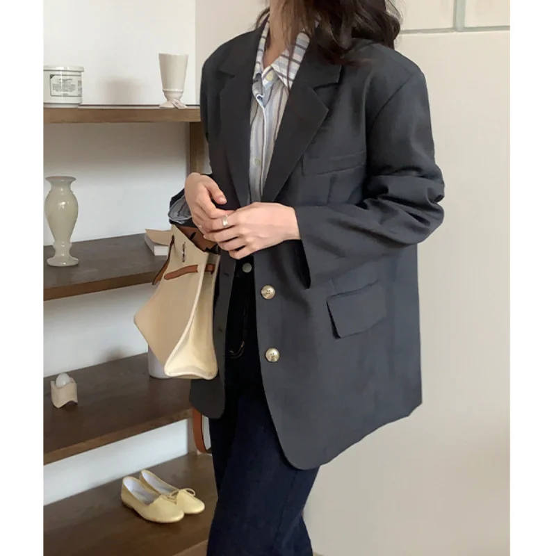 Autumn Casual Blazer Women Back Slit Suits Tailored Clothing Loose Fall Coats Versatile Cardigan Long-sleeved Pockets Khaki Tops