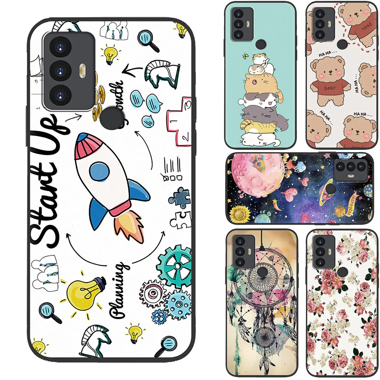 For TCL 30 SE 306 305 30e Ultra Slim Silicone Rubber TPU Phone Case Thin Cover Shockproof Cute Flower Cat