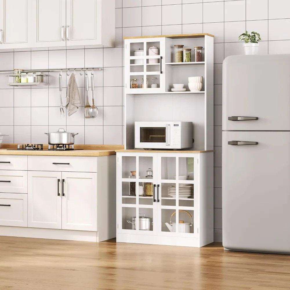 

Kitchen utensil cabinet, 72 inch high freestanding cabinet with large countertop, glass doors, and adjustable shelves