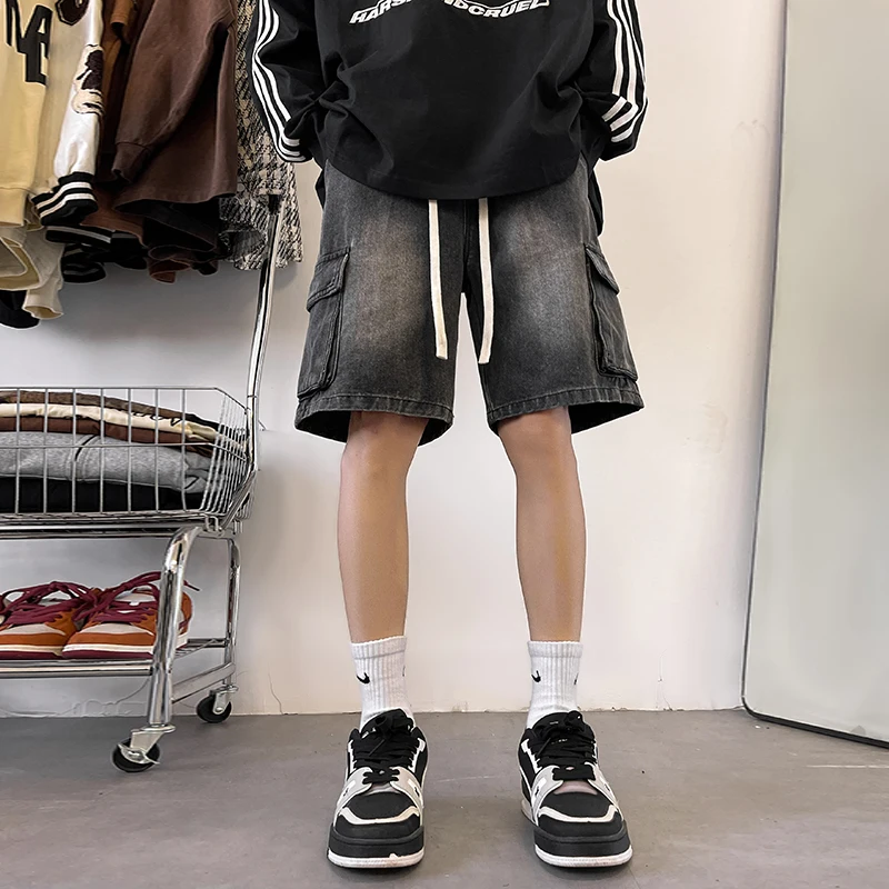 الصيف الرجال الدنيم السراويل فضفاضة جيوب مستقيمة البضائع الجينز مرونة الخصر خمر واسعة الركبة طول سراويل قصيرة الشارع الشهير