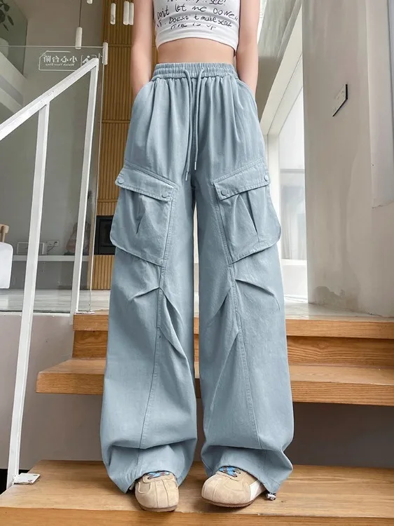 Pantaloni Americani a Vita Alta e Gamba Larga da Donna, Novità Autunno Inverno, Pantaloni Casual a Taglio Dritto con Grandi Tasche