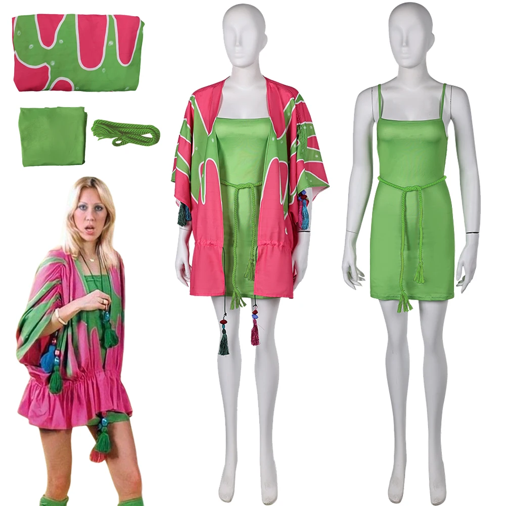 ABBA kostium Cosplay Agnetha Faltskong przebranie ABBA dziewczyna Cosplay ABBA Retro fioletowy zielony zestaw ABBA 70s damski kostium na Halloween