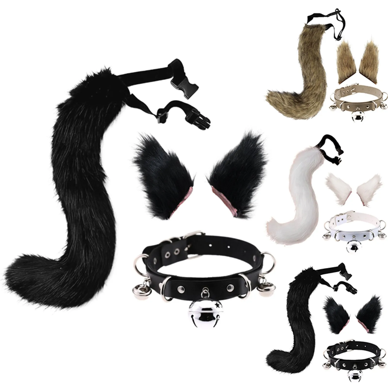 Therian Fox Ears Wolf Ears Hair Band+Plush Tail +Bell Collar for Performance Halloween Costume Accessories Dress up Therian 3pcs