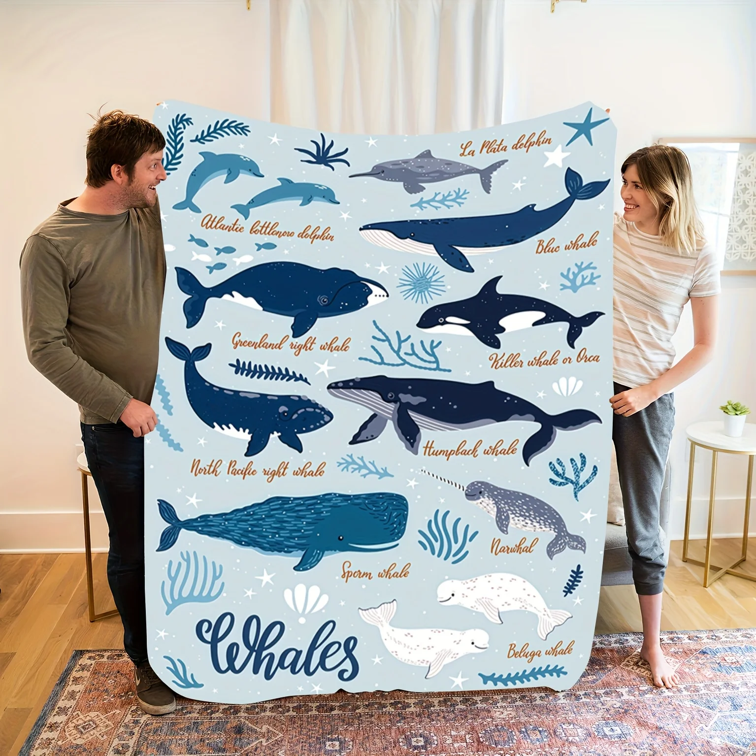 Ocean Whale Dolphin Flannel Blanket - Soft Warm and Cozy Blue Theme Blanket for Sofa/Bed/Travel, Perfect Gift, High Quality