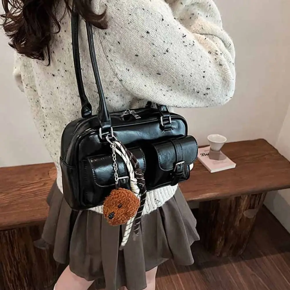 

Simple Korean Style PU Bowling Bag Handbag Solid Color Pocket Boston Tote Bag French Style Minority Design Underarm Bag Women