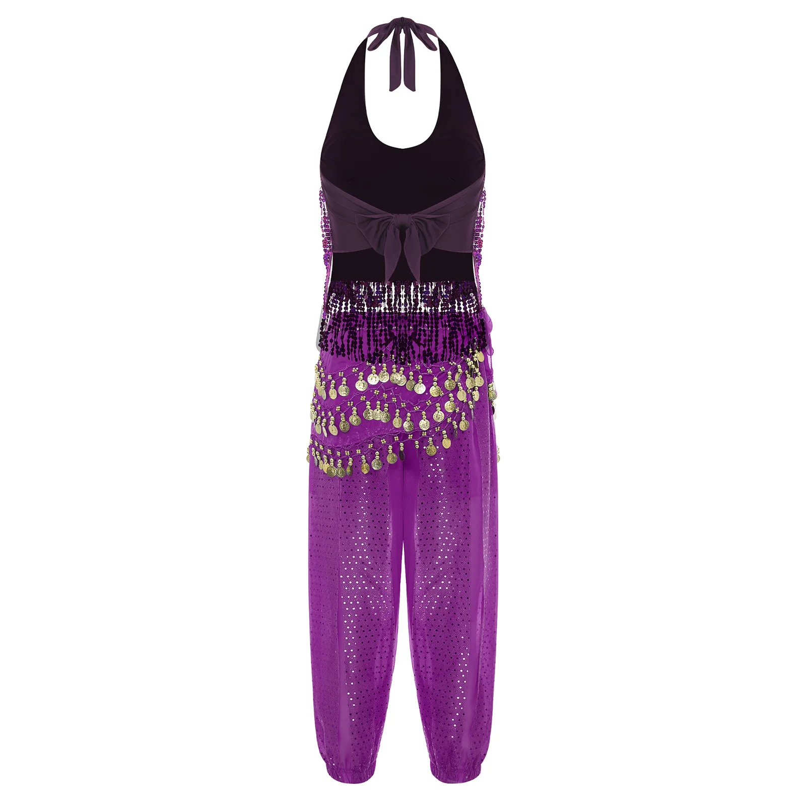 Womens Indiase buikdans outfit buikhout Halloween prestatie kostuum kwastje crop top en bloeiers lange broek met heupsjaal