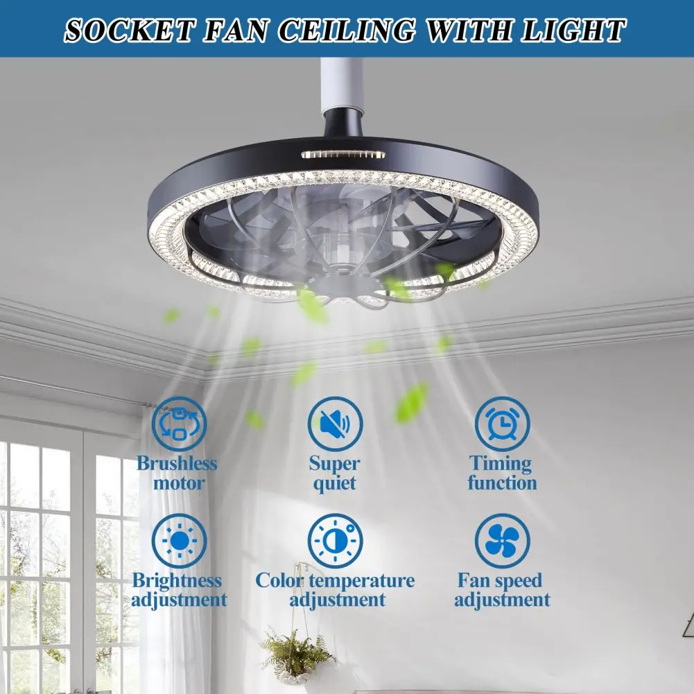 Socket Fan Light Modern LED Ceiling Fans with Lights and Remote 3 Colors 3500K-6500K Dimmable E26 Base Screw For Bedroom Kitchen