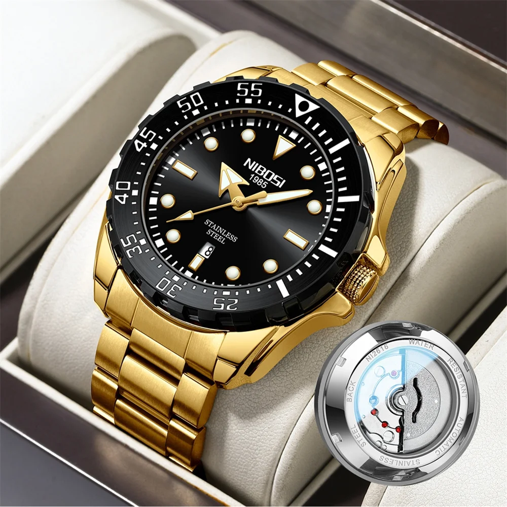 NIBOSI Brand 2024 New Fashion Quartz Watch Stainless Steel Waterproof Luminous Luxury Mechanical Case Back Design Mens Watches