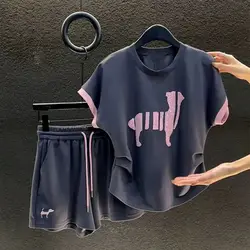 Casual Shorts 2024 Nieuwe O-hals Tweedelig Pak Dames Losse Korte Mouwen Tops Zomerkleding Elastische Taille Rechte Broek