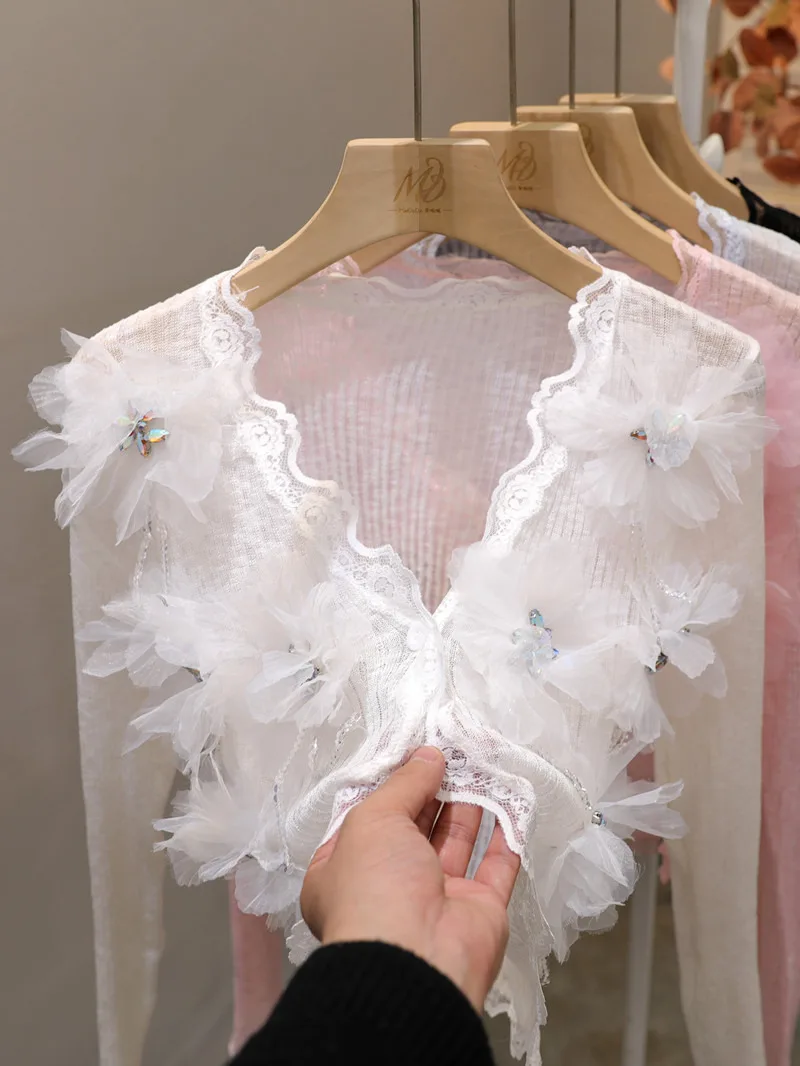 

Уникальный сказочный темперамент, тяжелый вязаный кардиган из ледяного шелка с цветочным узором, женская рубашка с кондиционером, верхняя одежда