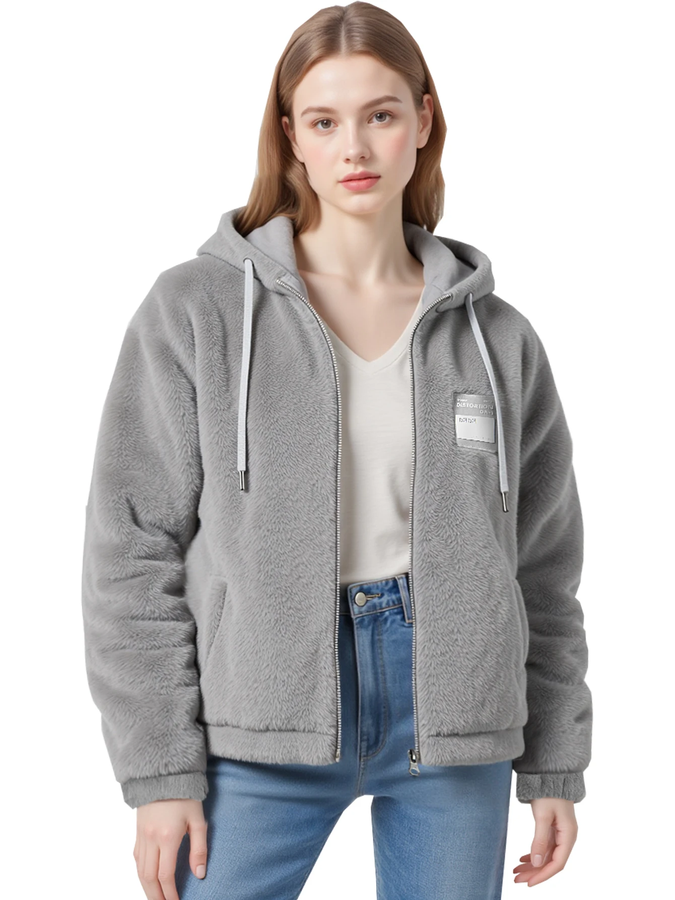 

Women's Fleece Full-Zip Hoodie Jacket - Loose Autumn/Winter Warm Tie-Waist Jacket with Side Pockets