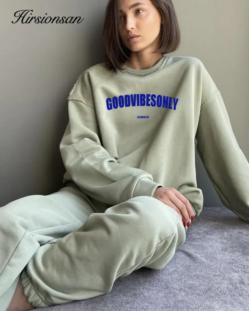 Hirsionsan Letter Print Loose O Neck Sweatshirt Women Korean Casual Pullovers Oversized Warm Loose  Female Sportwear 2023 New