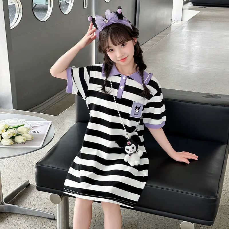 

2024 Cute Kuromi Dress Sanrioed Kawaii Anime Girls Matching Color Stripes Tops Summer Sweet Cute Casual Polo Shirt Children Gift