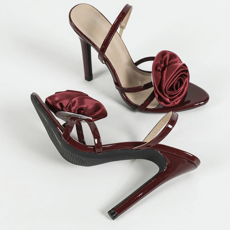 

Sexy Wine Red Sandals Women Flower Patent Leather Open Toe High Heels Slingback Party Strippers Pumps Summer Designer Shoes