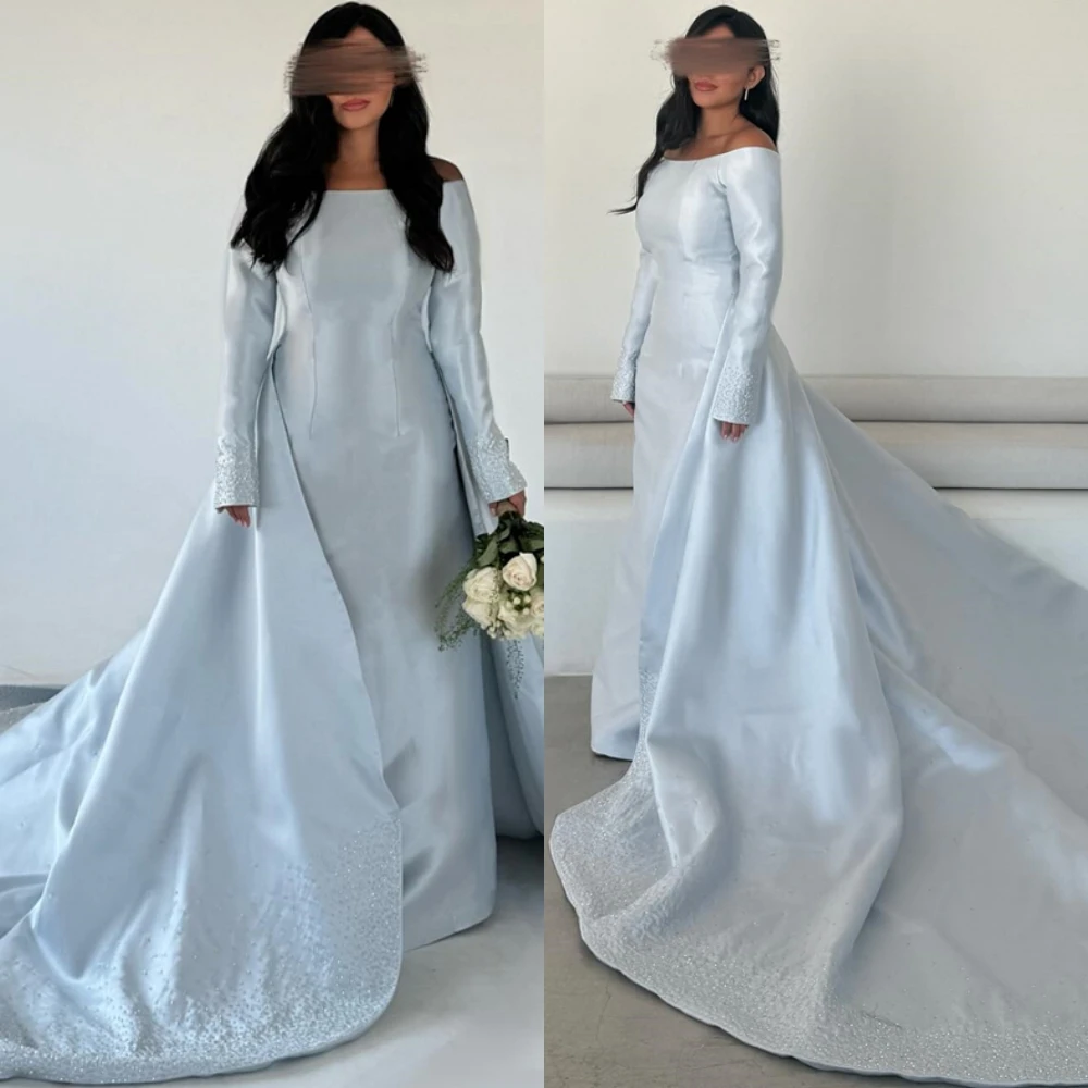 

Customized Elegant Boat Neck Evening Dress Fashion Satin Long Sleeves Prom Dresses Delicate Chapel Train Special Occasion Gowns