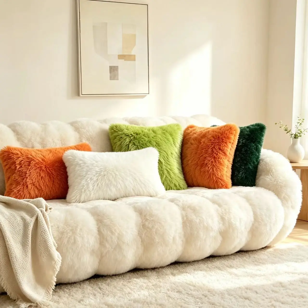2Pcs Throw Pillow Covers 1 Square Cushion Cover 1 Lumbar Waist Pillowcase Soft Shaggy Plush Decorative Pillow Shells for Sofa