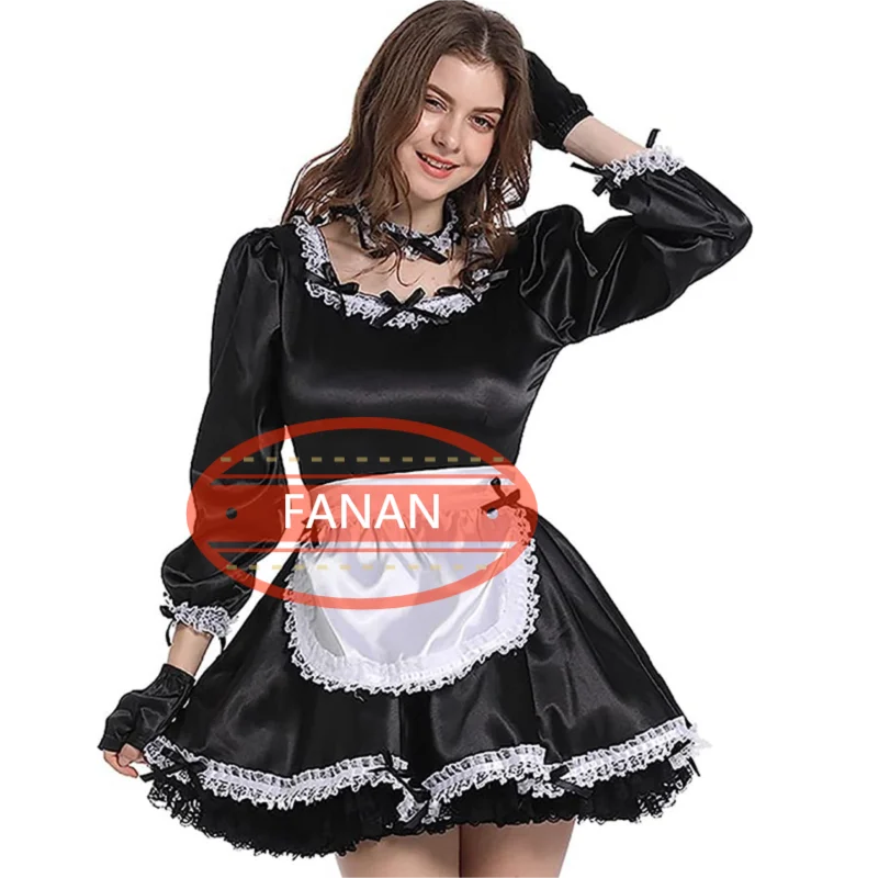 

Adult Giant Baby Sexy Girl Black Thin Satin Sissy Dress Bowtie White Apron Maid Makeup Ball Role Play Customization