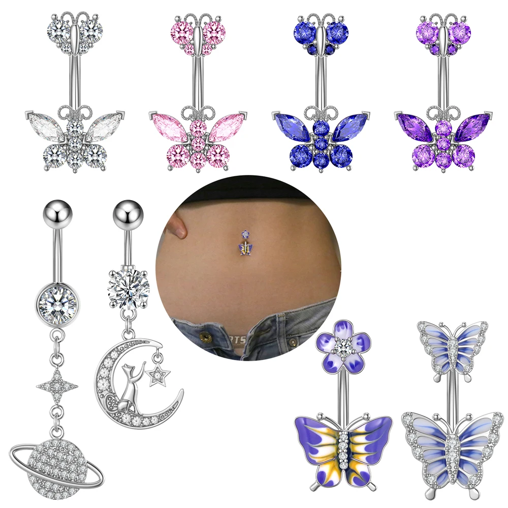 1PC Butterfly Belly Button Ring 316L Steel Pick Star Crystal Surgical Navel Rings Belly Piercing Body Jewelry Dangled Drop Oreja