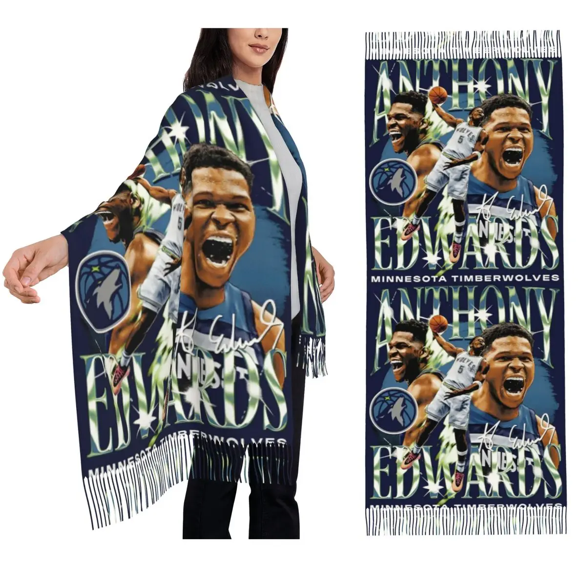 

Баскетбольный шарф Anthony Edwards Minnesota, шарфы с кисточками, женские мягкие теплые шали и накидки, большая осенне-зимняя шаль