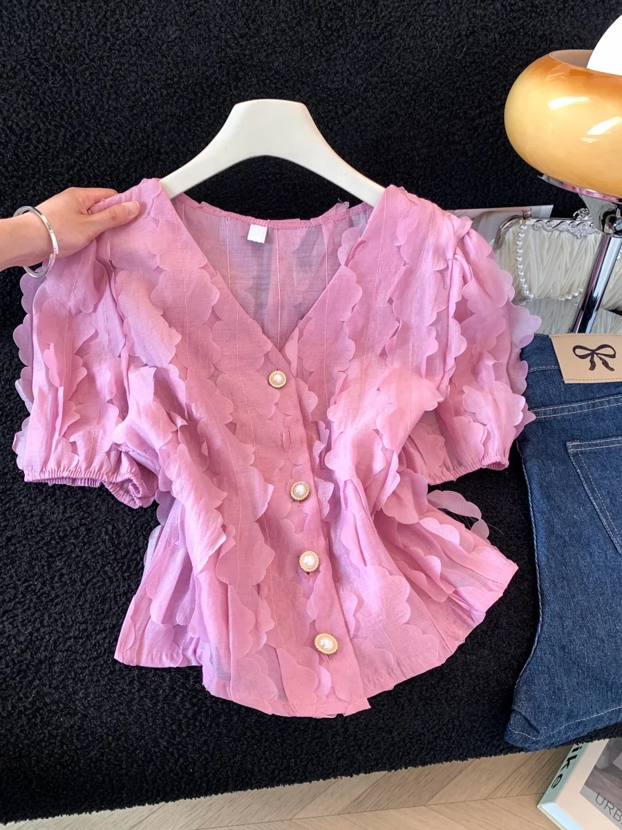 

Romantic 3D Petal Bubble Sleeve Short Shirt Women Summer Anti-Aging Chiffon Doll Top Waist Cinched Slimming Top