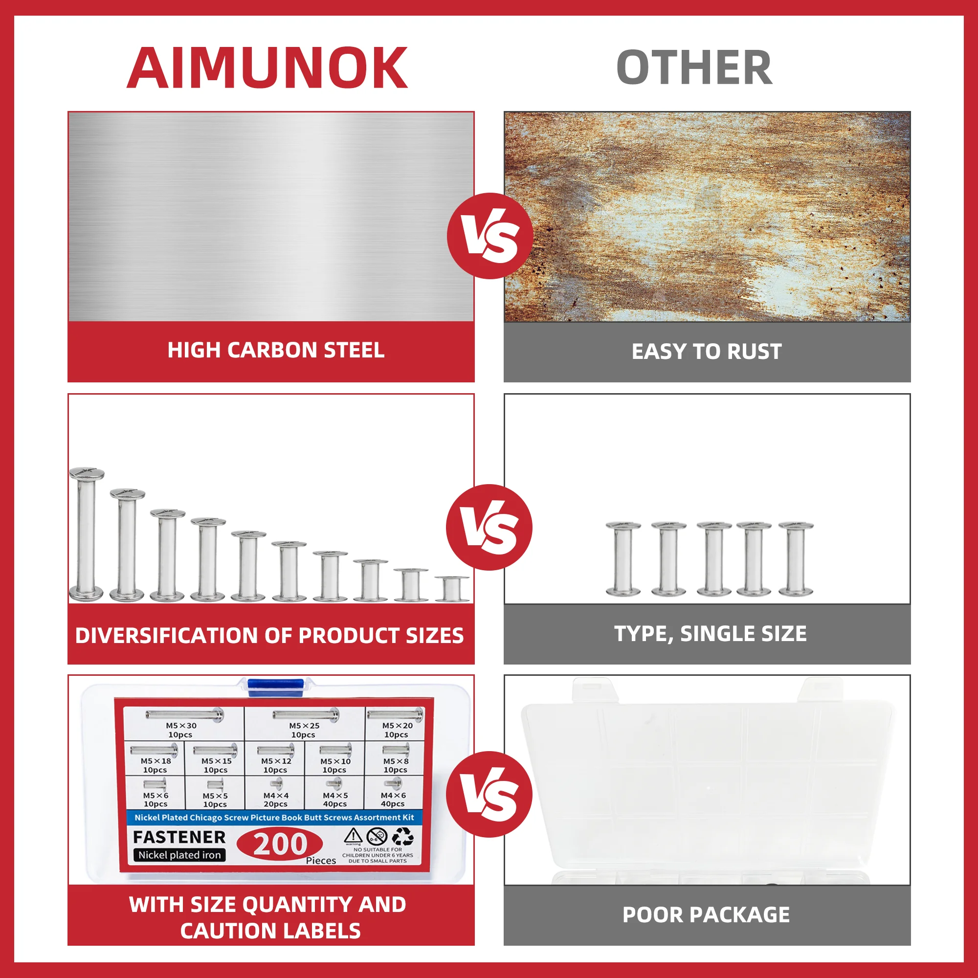 200PCS Phillips Chicago Screws Silvery Binding Screw Posts, Photo Albums Scrapbook Extension Screws Assorted Kit, 10 Sizes