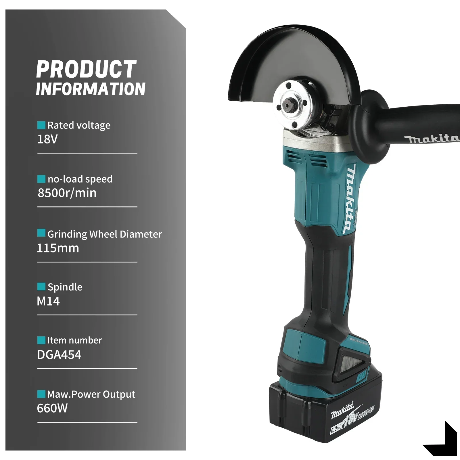 Makita DGA454 Portable Brushless Grinder Safety Lock Anti Slip Handle Wear Resistant Body For Construction Metal Processingtools