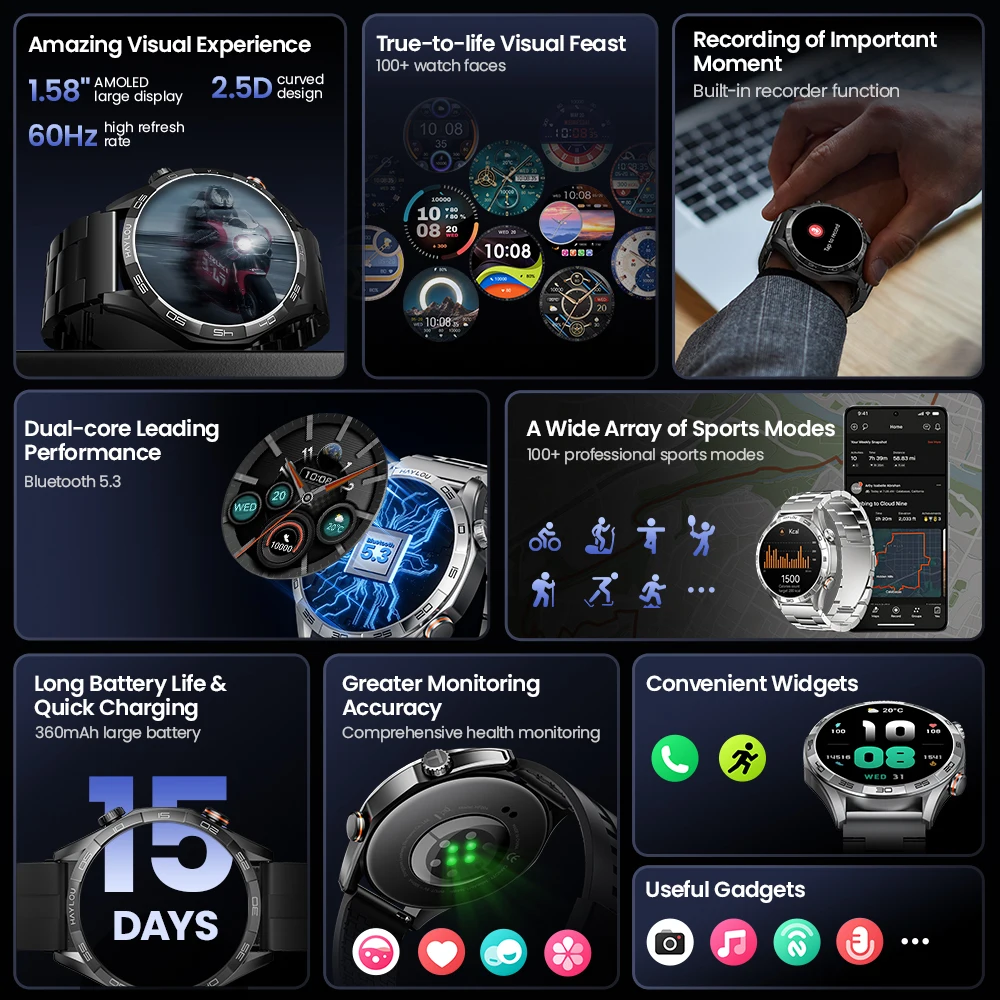 ساعة ذكية HAYLOU Solar 5 للاتصال الصوتي بشاشة AMOLED مقاس 1.58 بوصة 60 هرتز ساعة ذكية لمراقبة الصحة 24 ساعة ساعة ذكية رياضية للرجال