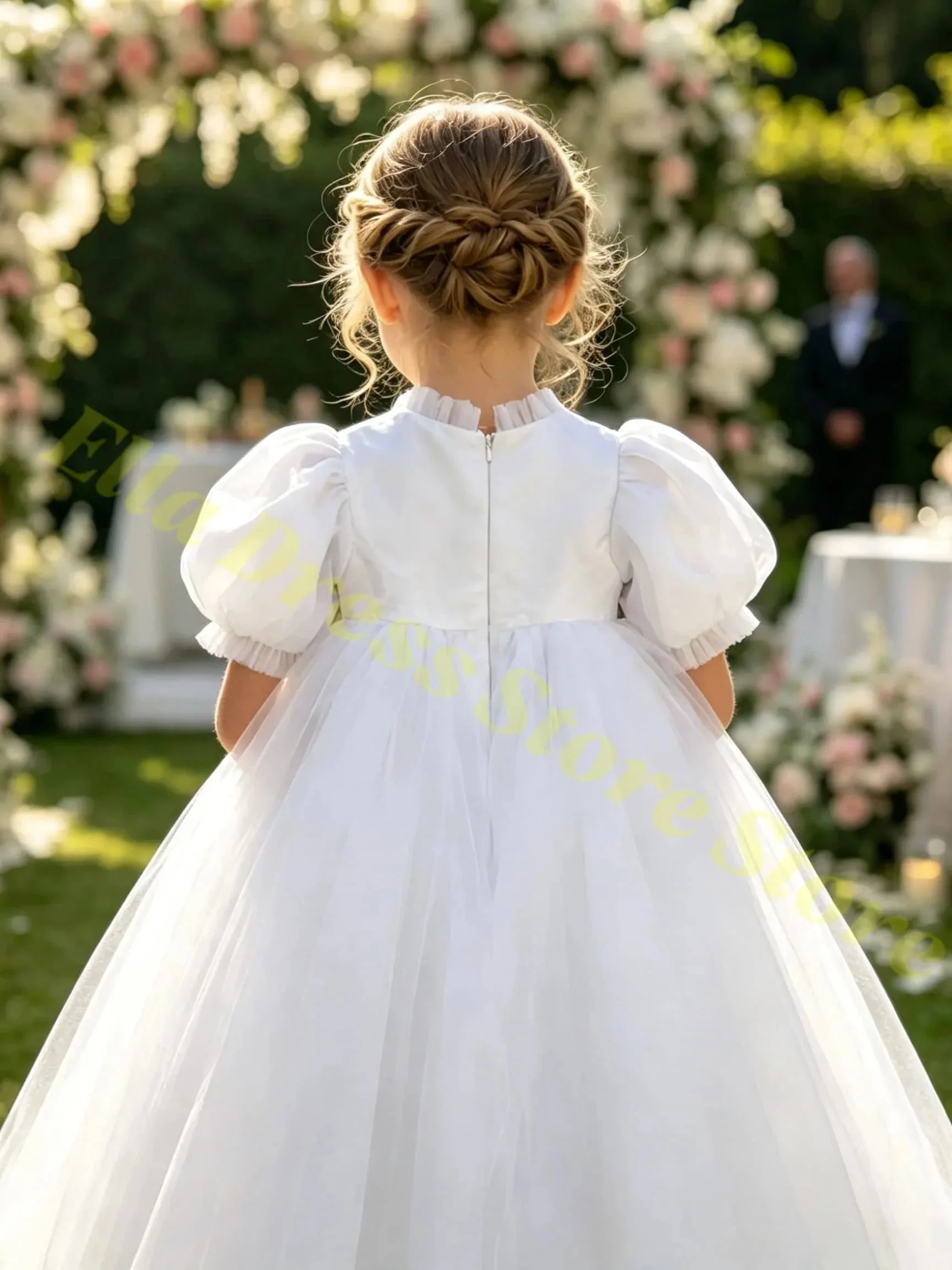 Mädchenkleid Weißes Tüll Flauschiges Exquisites Applikations-Blumenmädchenkleid für Hochzeit Geburtstagsfeier Kommunion Abendballkleider – Detail 4