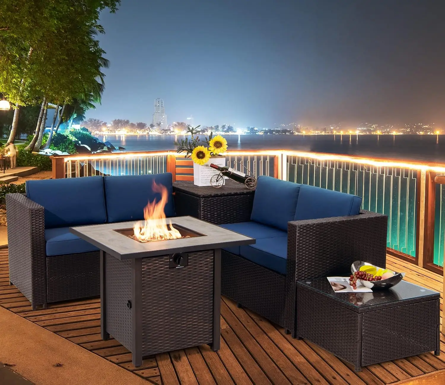 5 Piece Patio Set with 30in Fire Pit, Wicker Loveseat with 4in Cushions, 2 Side Tables, Backyard Conversation, Customized