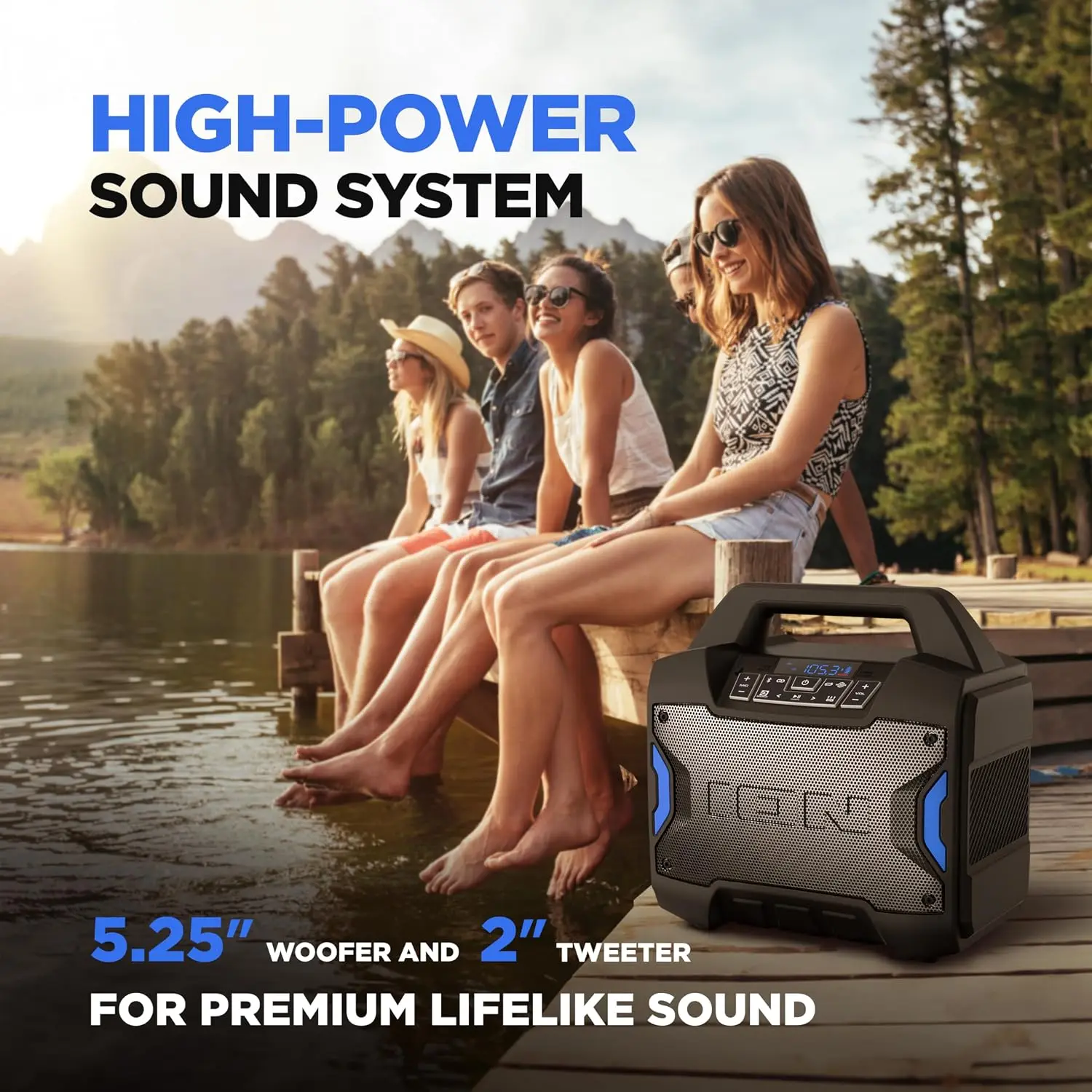 Portable Outdoor Bluetooth Speaker, 60W, Water-Resistant, with Radio, Mic Input, USB Charging, Stereo Pairing, Bass Boost & App Control - Ideal for Parties and Outdoor Events