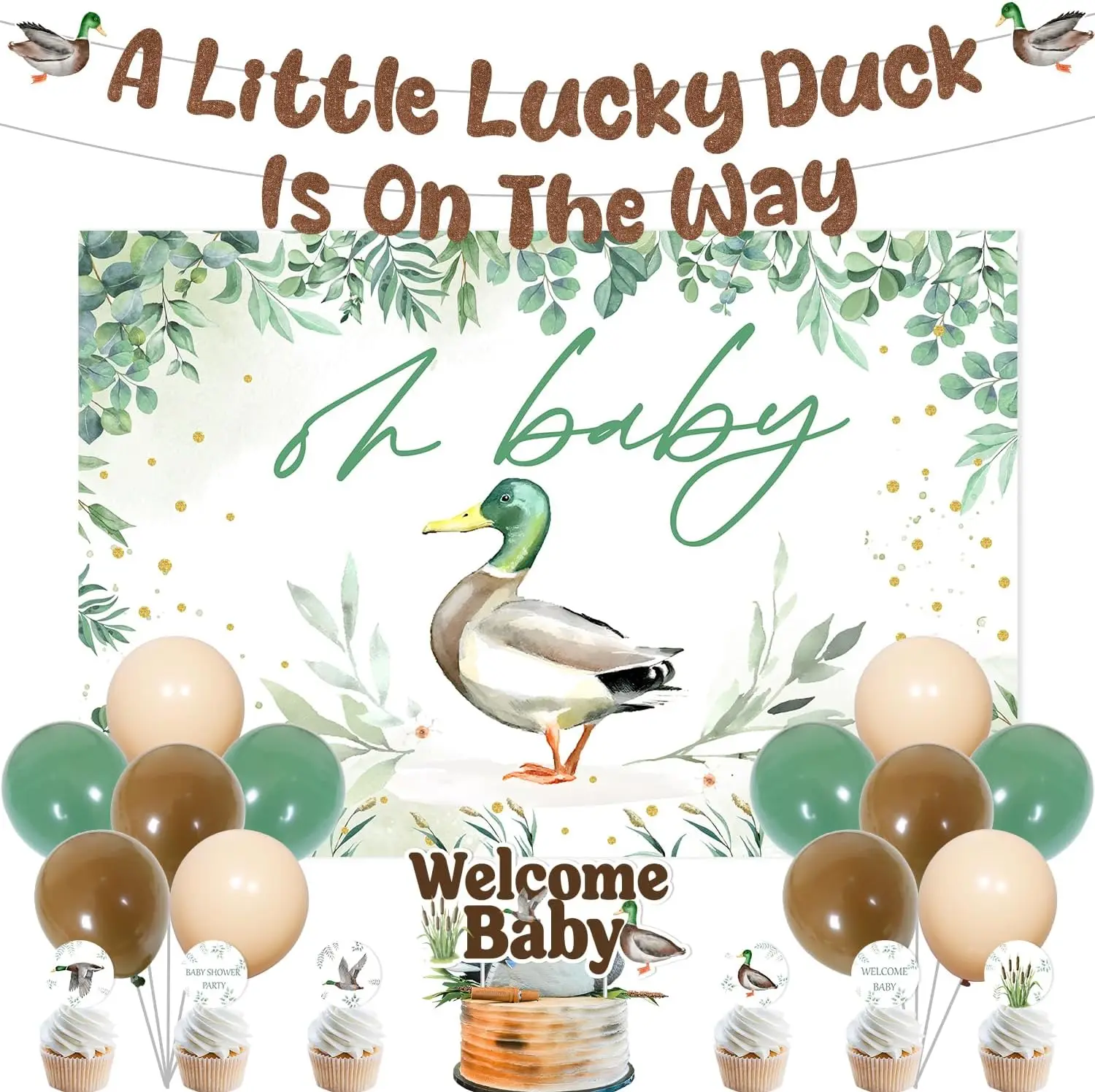 Mallard Duck Baby Shower Decorations for Boys, A Little Lucky Duck Is on the Way Banner Welcome Baby Cupcake Green Brown Balloon