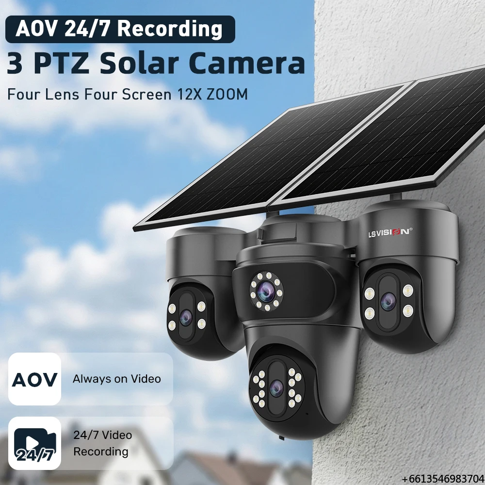 LS VISION New Model AOV Solar Camera 4G Outdoor Human Detection Night Vision PTZ 4-Screen IP Security Camera Hieasy