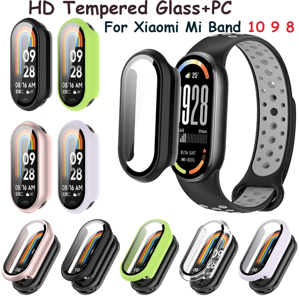 HD Tempered Glass+PC Case For Xiaomi Band 10 9 8 NFC All-around Screen Protective Shell For Mi Band 9 10 8 Upgraded Bumper Cover