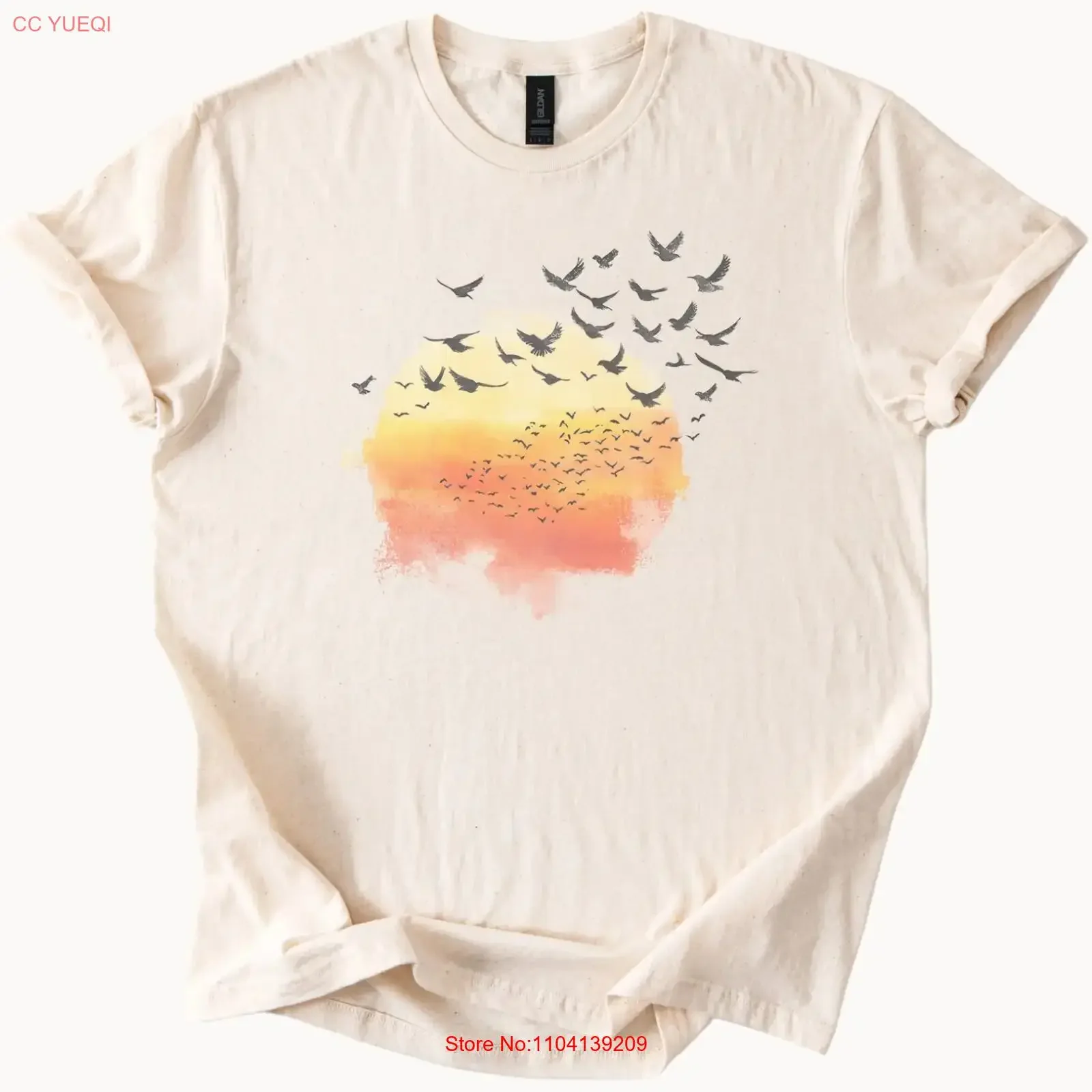 Sunset Birds T Shirt Watercolor Sunrise Flock Nature Art  vintage Washed Breathable Comfortable graphic Stylish Soft fashion