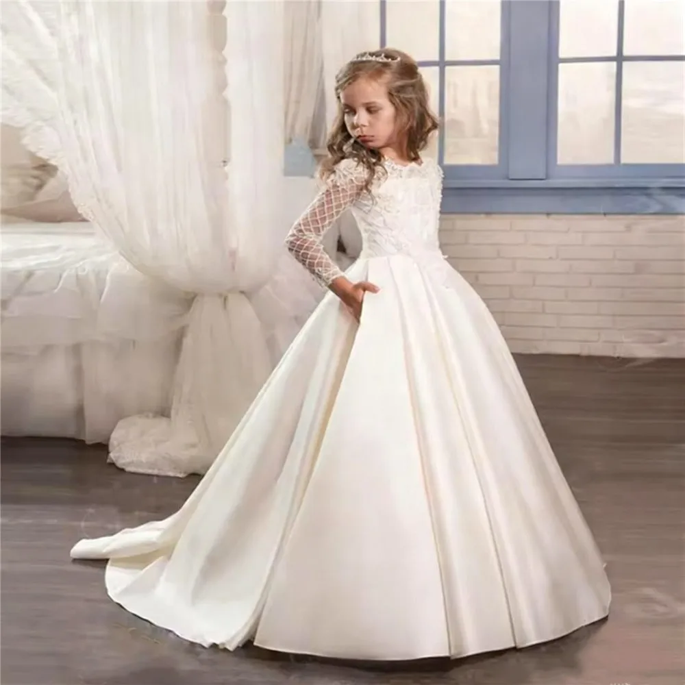 

White Flower Girl Wedding Dress Satin Appliques Lace Long Sleeve Girls Birthday Party Banquet First Communion Gown Customized