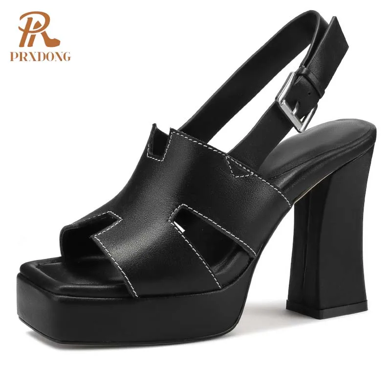 PRXDONG Genuine Leather Summer Shoes Woman Sandals Chunky HIgh Heels Platform Black White Dress Party Female Pumps Size 34-40